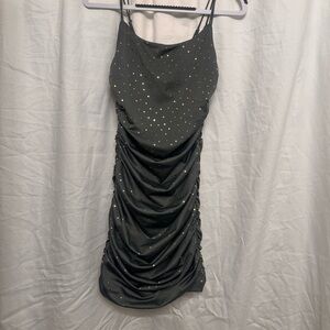 Lucy in the Sky Gray with Gold Dots Ruched Mini Dress